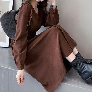 Long-sleeve Plain Button-up Dress
