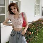 Short-sleeve Flower Print Cropped T-shirt Flower Print - Red - One Size