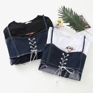 Set: Embroidered Short-sleeve T-shirt Dress + Denim Panel Mesh Spaghetti Strap Dress