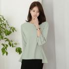 Pleated-cuff Ruffle-hem Top