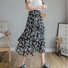 Tiered Floral Print Chiffon A-line Midi Skirt Black - One Size