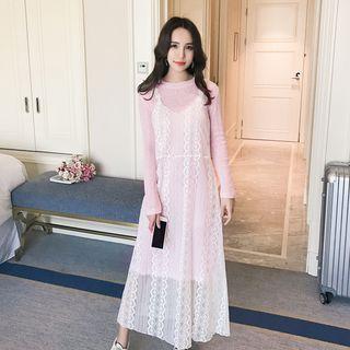 Set: Lace Spaghetti Strap Dress + Long Sleeve Plain Knit Top