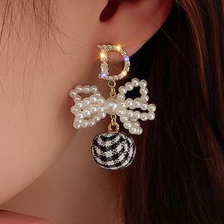 Rhinestone Drop Earring 1 Pair - Silver Pin - Plaid - White & Black - One Size