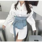 Puff-sleeve Long Shirt With Denim Girdle White - One Size