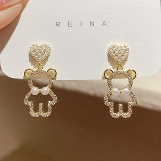 Bear Faux Pearl Rhinestone Dangle Earring 1 Pair - White Faux Pearl - Gold - One Size