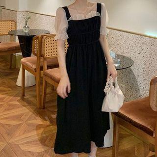Square-neck Two-tone Panel A-line Dress