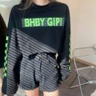 Long-sleeve Plaid Panel Lettering Cropped Sweatshirt Black - One Size