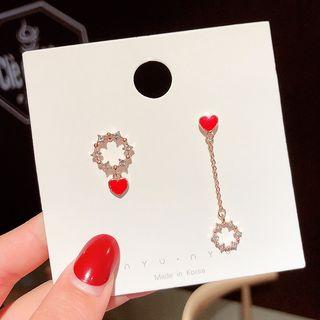 Non-matching Rhinestone Heart Dangle Earring E619 - Rose Gold - One Size