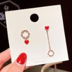 Non-matching Rhinestone Heart Dangle Earring E619 - Rose Gold - One Size