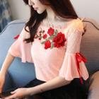 Flower Embroidered Lace Elbow Sleeve Blouse