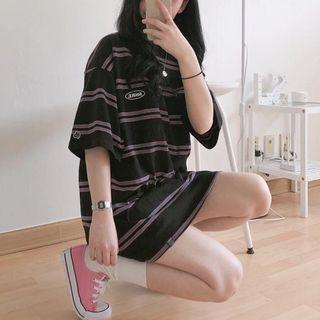 Striped Short-sleeve Tee Stripe - Navy Blue - One Size