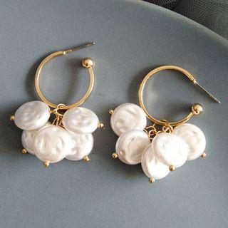 Pearl Disc Fringed Earring 1 Pair - White & Gold - One Size