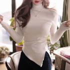 Turtleneck Cold-shoulder Slit T-shirt