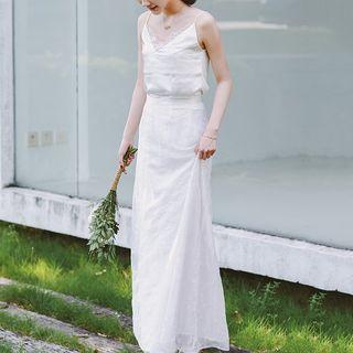 Set: Lace Trim Camisole Top + Embroidered Maxi A-line Skirt