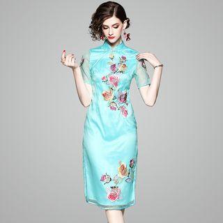 Mesh Short-sleeve Embroidered Cheongsam
