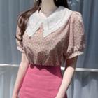 Puff-sleeve Lace-collar Floral Blouse