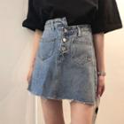 Frayed Hem Asymmetric A-line Mini Denim Skirt