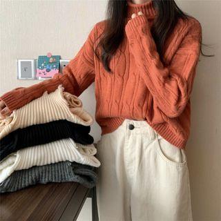 High-neck Cable Knit Long-sleeve Sweater