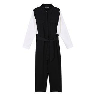 Two-tone Long-sleeve Straight-cut Jumpsuit As Shown In Figure - One Size