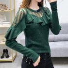 Glitter Lace Panel Long-sleeve Top