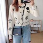 Collared Floral Cropped Knit Cardigan