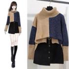 Color Block Mock Neck Sweater / Asymmetric Buttoned A-line Mini Skirt / Set