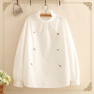 Floral Embroidered Lace-hem Long-sleeve Blouse As Shown In Figure - One Size