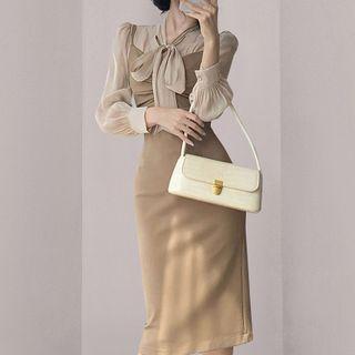 Set: Tie Neck Blouse + Strappy Midi Sheath Dress