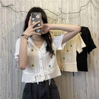 Short-sleeve Floral Embroidered Drawstring Pointelle Knit Top