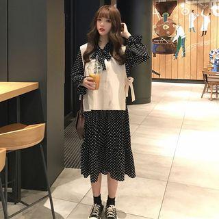 Set: Dotted Long-sleeve Midi Dress + Vest