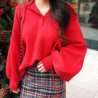 Half-placket Balloon-sleeve Knit Hoodie
