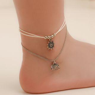 Alloy Elephant Sunflower Layered Anklet 01 - Silver - One Size
