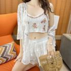 Embroidered Knit Camisole Top / Elbow-sleeve Lace Cardigan / Shorts / Set
