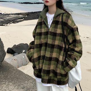 Zip Front Check Fleece Top Green - One Size