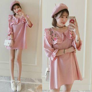 Embroidered Collar 3/4-sleeve Dress