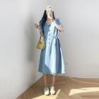 Round-neck Denim Button-up A-line Dress Washed Blue - One Size