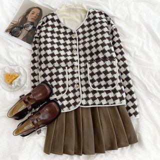 Long-sleeve Houndstooth V-neck  Jacket