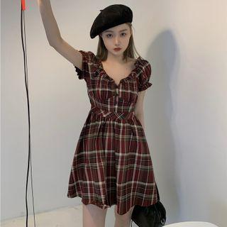 Short-sleeve Plaid Frill Trim Mini A-line Dress Plaid - Dark Red - One Size