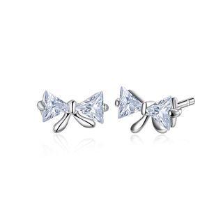 Sterling Silver Fashion Simple Bow Cubic Zirconia Stud Earrings Silver - One Size