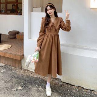Long-sleeve Pom Pom Trim Midi A-line Dress