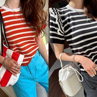 Frill-shoulder Stripe Knit Top