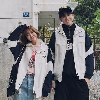 Couple Matching Letter Embroidered Color Panel Jacket