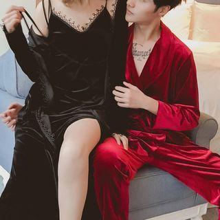Couple Matching Velvet Lace Trim Robe / Sleep Dress / Pants