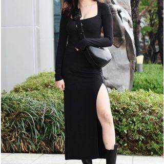 Asymmetrical Long-sleeve Slit A-line Dress