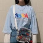 Mock Two-piece Lettering Long-sleeve T-shirt Light Blue - One Size