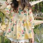 Elbow-sleeve Round Neck Floral Loose Fit Blouse