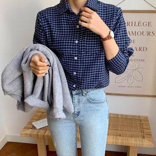 Pocket-front Check Shirt Navy Blue - One Size