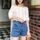 Off-shoulder Frilled Lace-trim Top Ivory - One Size