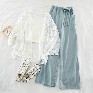 Set: Spaghetti Strap Knit Top + Lace Light Jacket + Wide-leg Pants