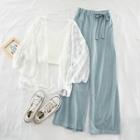 Set: Spaghetti Strap Knit Top + Lace Light Jacket + Wide-leg Pants